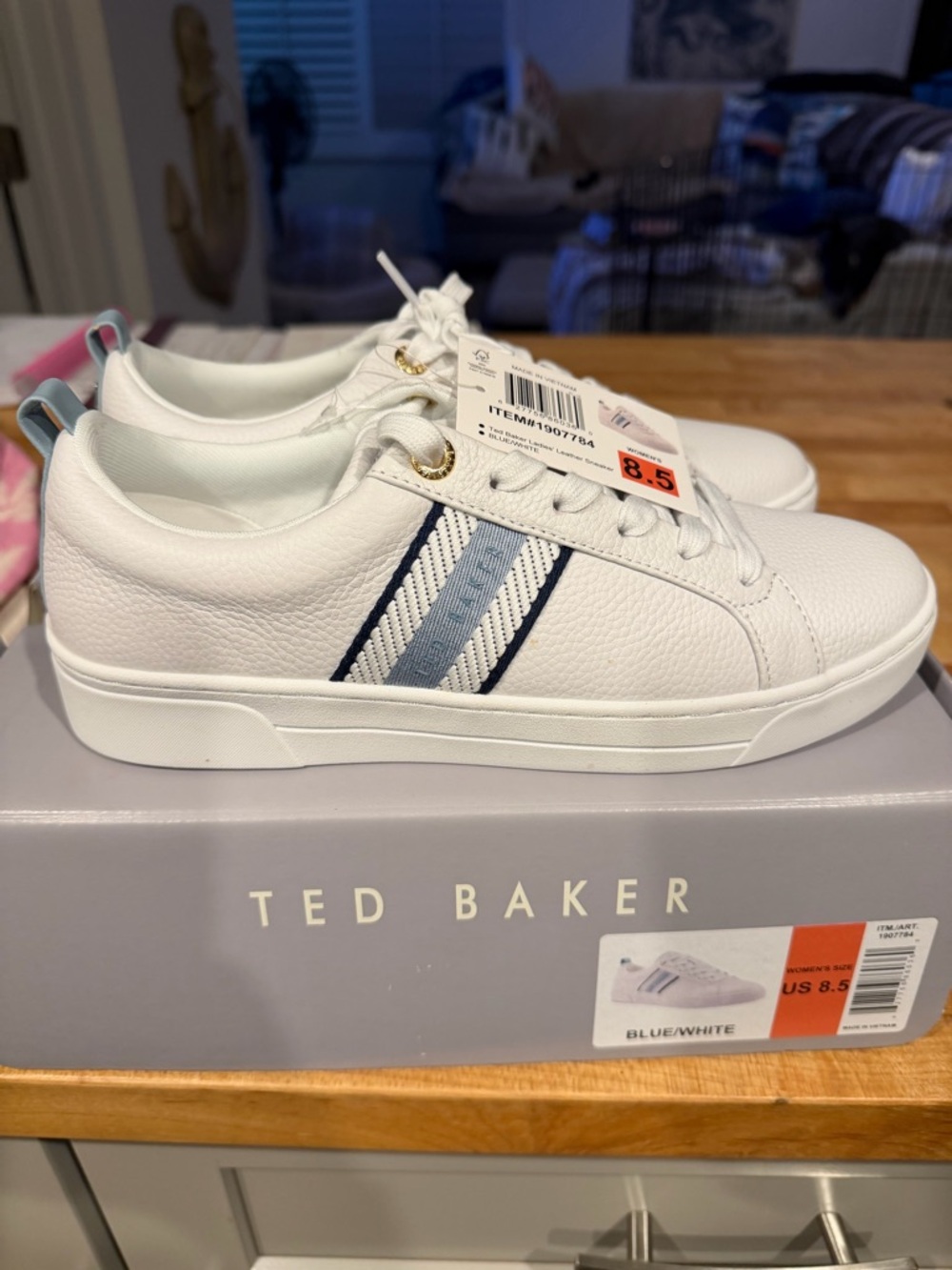 Ted Baker White Leather Sneakers with Navy Stripe Accents